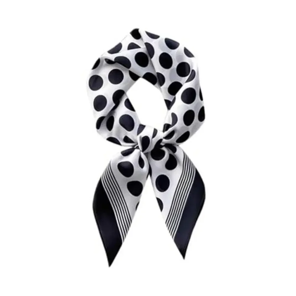 Black and White Silk Feeling Polka Dot Square Scarf 27.5” Satin Retro